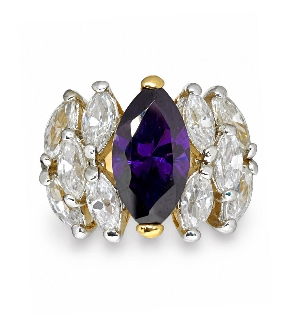 Vintage 1980s Ring Size 9 Purple CZ Marquise Cluster Gold Plated Cocktail - 14Z